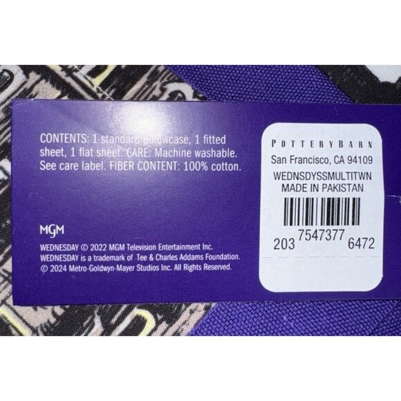 NWT POTTERY BARN Wednesday Halloween Twin XL Sheet Set Addams Family - Picture 3 of 3